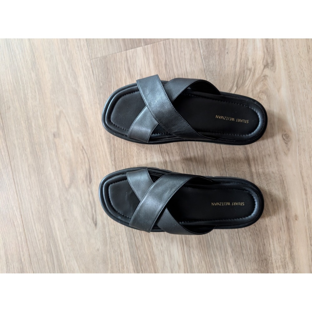 Stuart Weitzman Black Leather Crisscross Platform Lug Sole Slide Sandals 7B